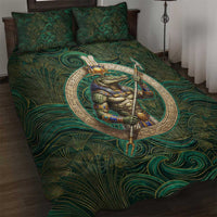 Sobek Crocodile Warrior Quilt Bed Set with Ankh Ancient Egyptian Motif in Emerald