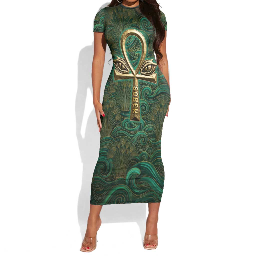 Sobek Crocodile Warrior Short Sleeve Bodycon Dress with Ankh Ancient Egyptian Motif in Emerald