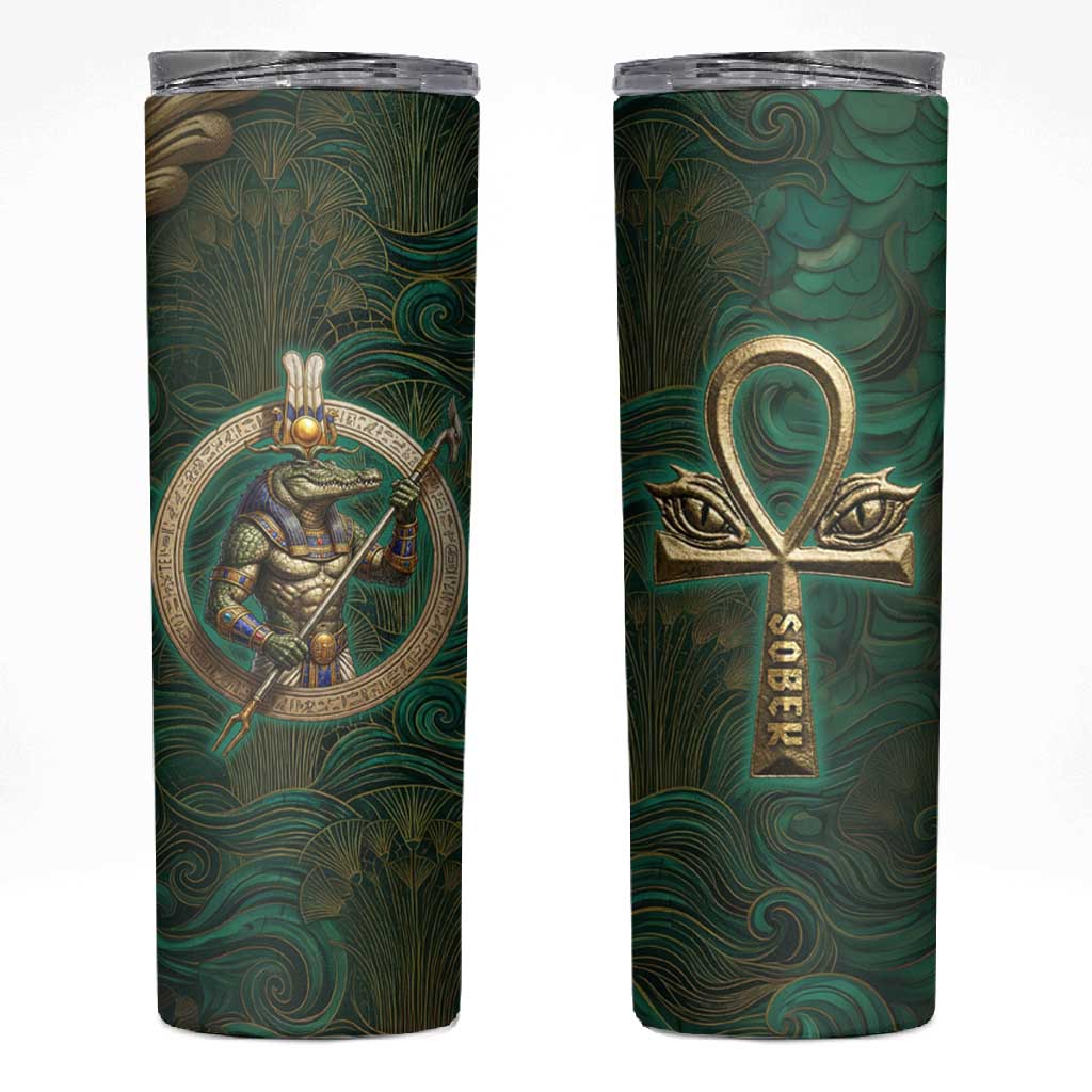 Sobek Crocodile Warrior Skinny Tumbler with Ankh Ancient Egyptian Motif in Emerald