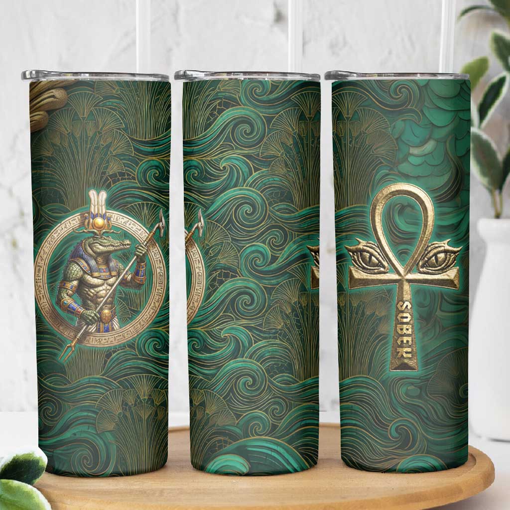 Sobek Crocodile Warrior Skinny Tumbler with Ankh Ancient Egyptian Motif in Emerald