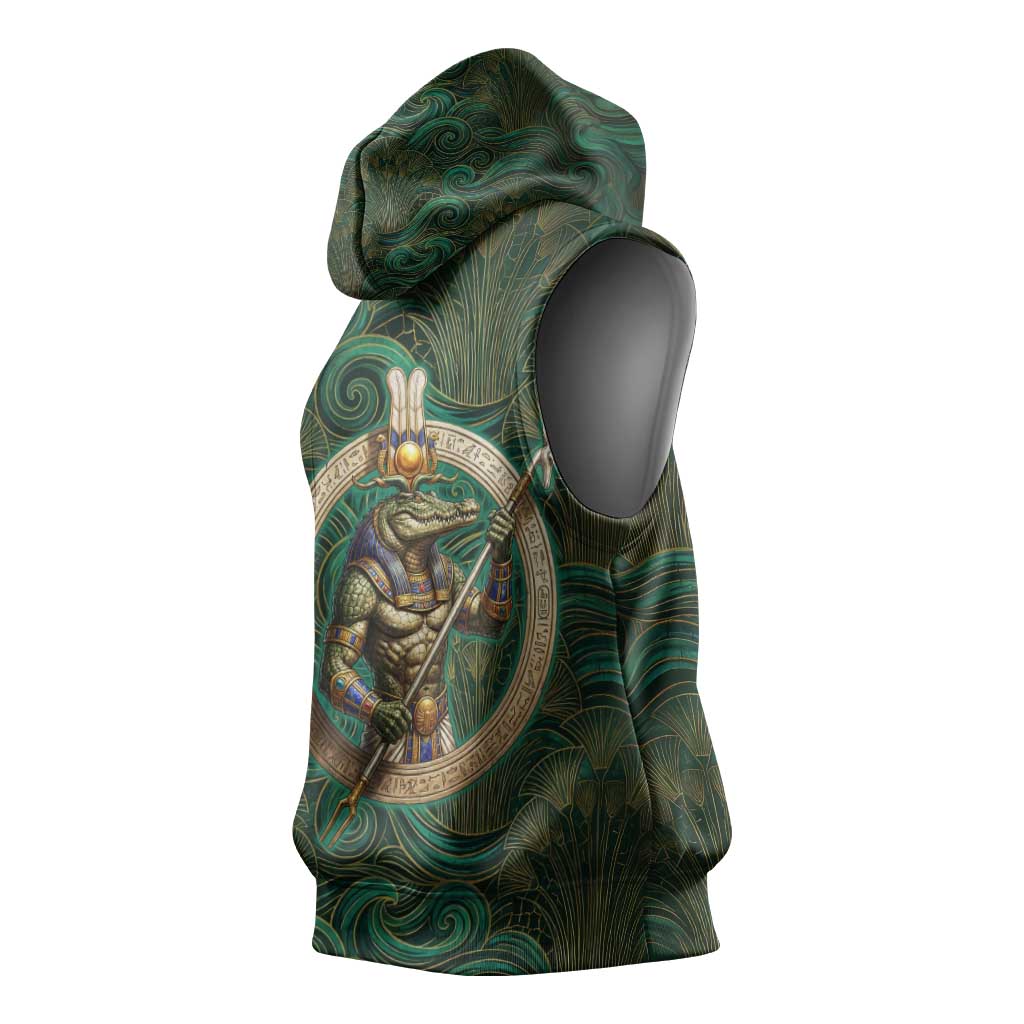 Sobek Crocodile Warrior Sleeveless Hoodie with Ankh Ancient Egyptian Motif in Emerald