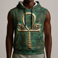 Sobek Crocodile Warrior Sleeveless Hoodie with Ankh Ancient Egyptian Motif in Emerald