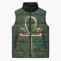 Sobek Crocodile Warrior Sleeveless Puffer Jacket with Ankh Ancient Egyptian Motif in Emerald