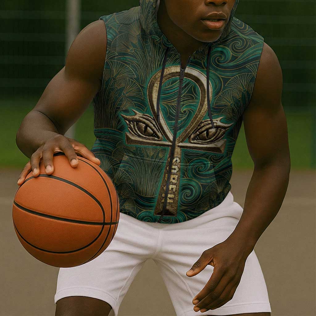 Sobek Crocodile Warrior Sleeveless Zip Hoodie with Ankh Ancient Egyptian Motif in Emerald