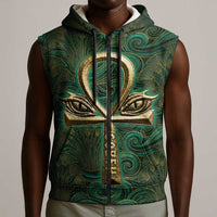 Sobek Crocodile Warrior Sleeveless Zip Hoodie with Ankh Ancient Egyptian Motif in Emerald