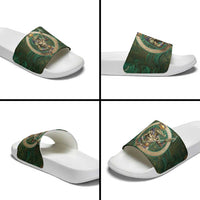 Sobek Crocodile Warrior Slide Sandals with Ankh Ancient Egyptian Motif in Emerald