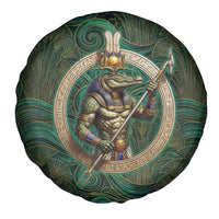 Sobek Crocodile Warrior Spare Tire Cover with Ankh Ancient Egyptian Motif in Emerald