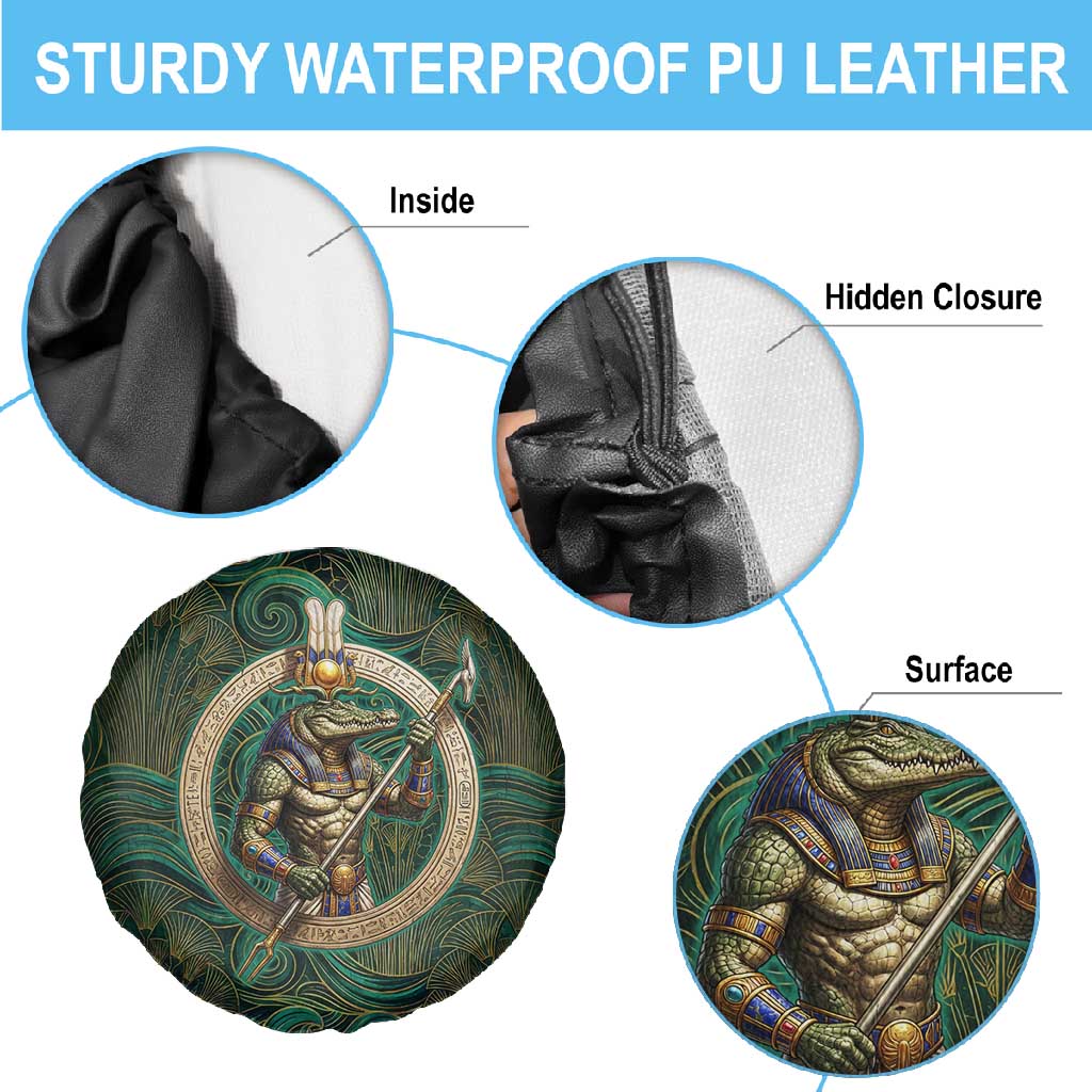 Sobek Crocodile Warrior Spare Tire Cover with Ankh Ancient Egyptian Motif in Emerald