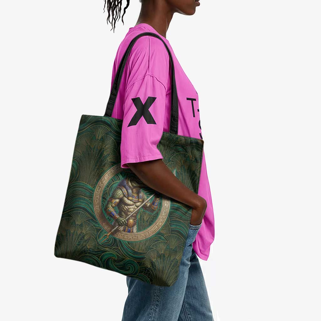 Sobek Crocodile Warrior Tote Bag with Ankh Ancient Egyptian Motif in Emerald