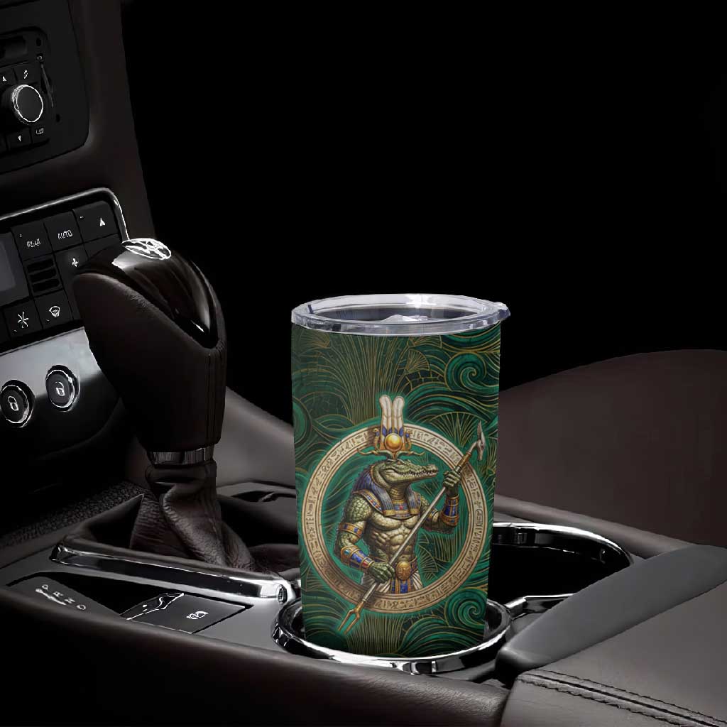 Sobek Crocodile Warrior Tumbler Cup with Ankh Ancient Egyptian Motif in Emerald