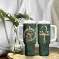 Sobek Crocodile Warrior Tumbler With Handle with Ankh Ancient Egyptian Motif in Emerald