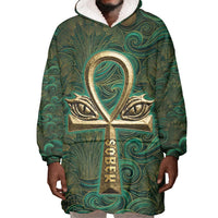 Sobek Crocodile Warrior Wearable Blanket Hoodie with Ankh Ancient Egyptian Motif in Emerald