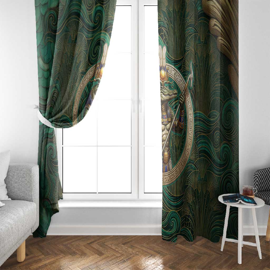 Sobek Crocodile Warrior Window Curtain with Ankh Ancient Egyptian Motif in Emerald
