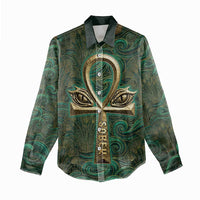 Sobek Crocodile Warrior Women Casual Shirt with Ankh Ancient Egyptian Motif in Emerald