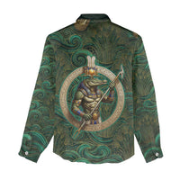Sobek Crocodile Warrior Women Casual Shirt with Ankh Ancient Egyptian Motif in Emerald