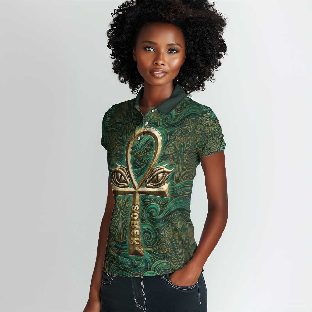 Sobek Crocodile Warrior Women Polo Shirt with Ankh Ancient Egyptian Motif in Emerald