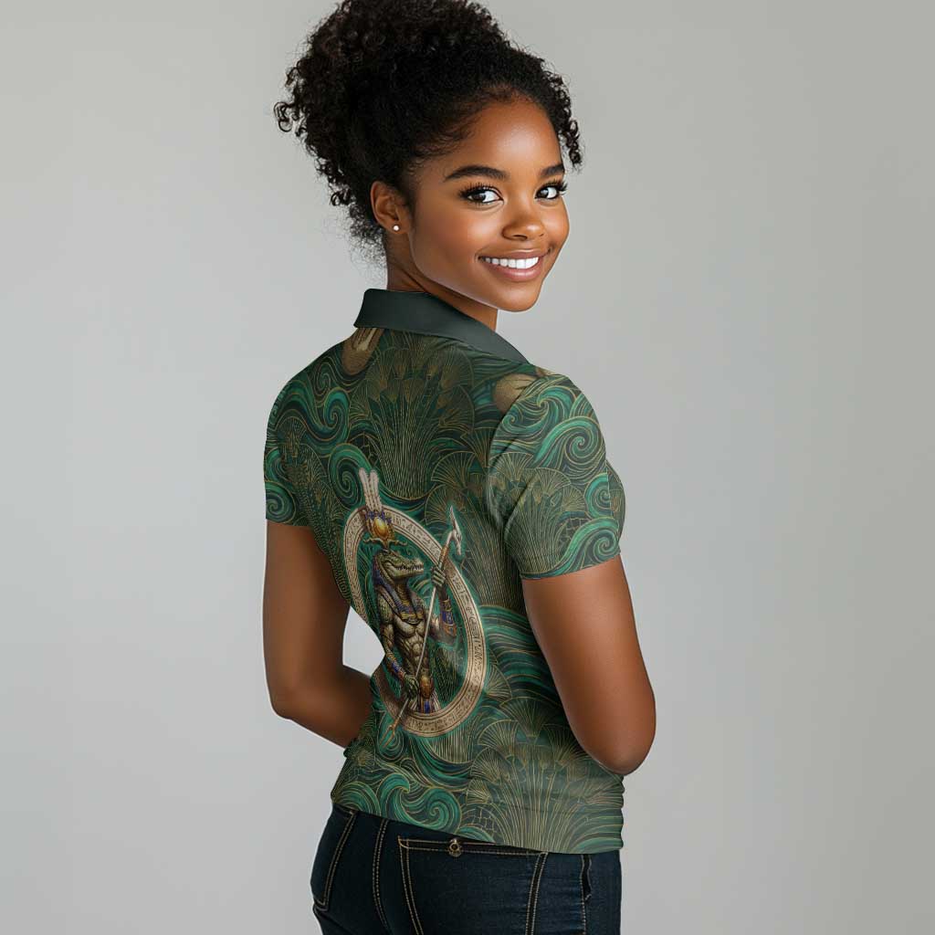 Sobek Crocodile Warrior Women Polo Shirt with Ankh Ancient Egyptian Motif in Emerald