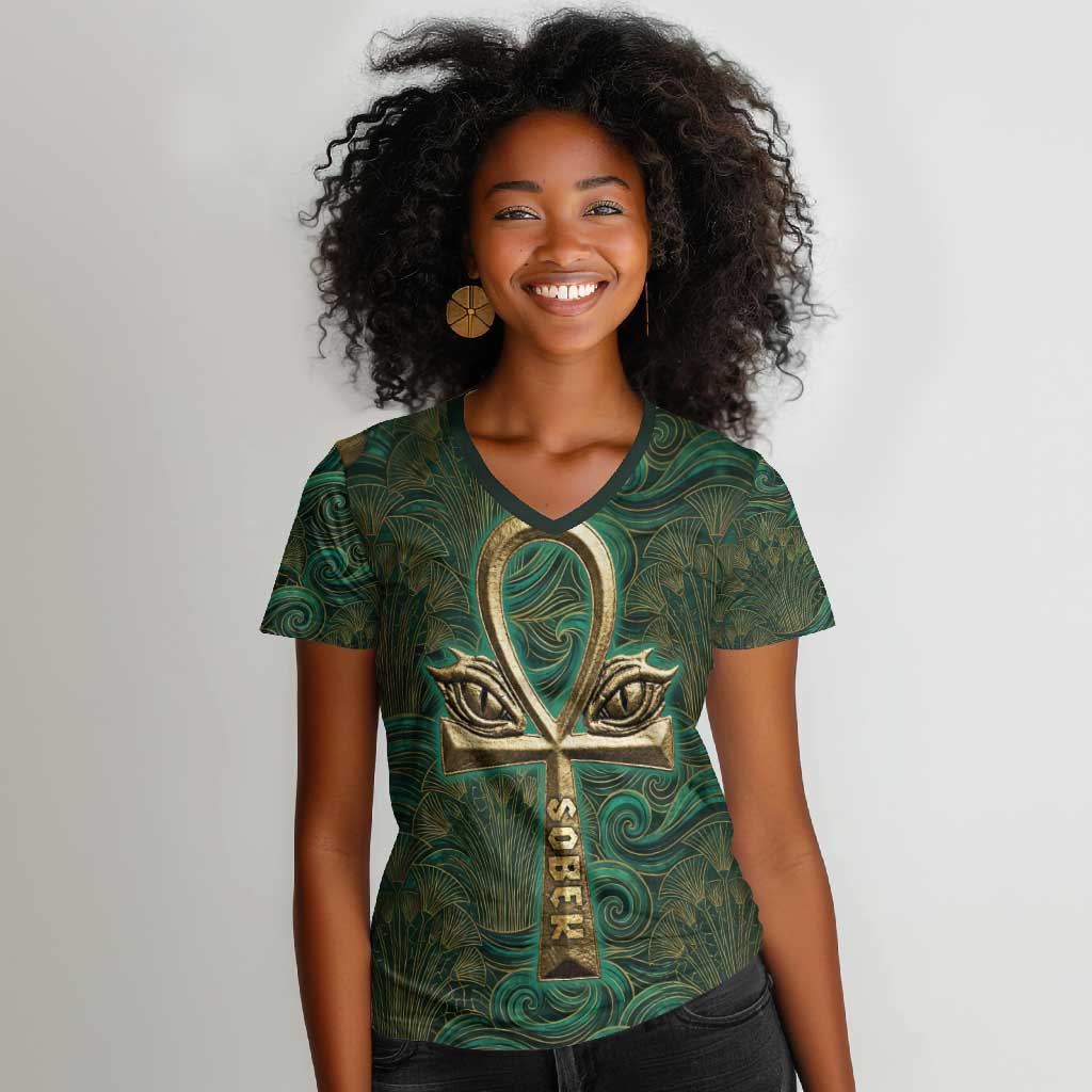 Sobek Crocodile Warrior Women V-Neck T-Shirt with Ankh Ancient Egyptian Motif in Emerald