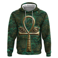 Sobek Crocodile Warrior Zip Hoodie with Ankh Ancient Egyptian Motif in Emerald