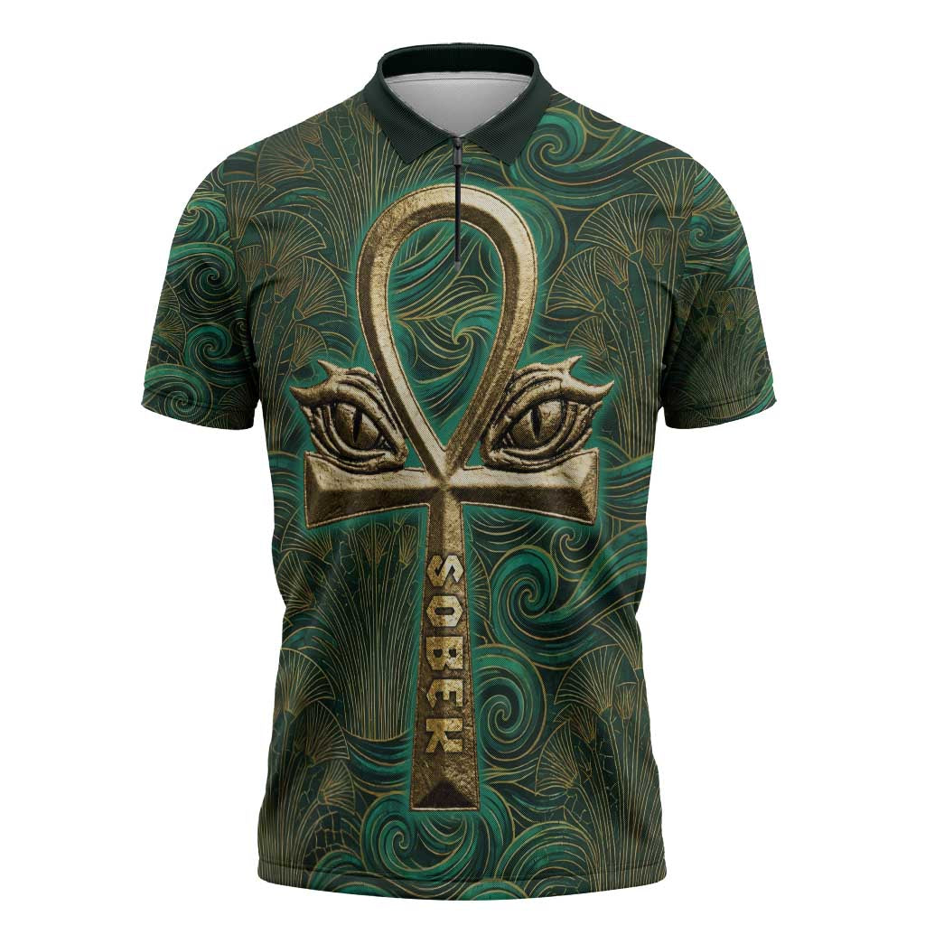 Sobek Crocodile Warrior Zipper Polo Shirt with Ankh Ancient Egyptian Motif in Emerald