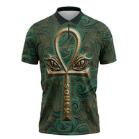 Sobek Crocodile Warrior Zipper Polo Shirt with Ankh Ancient Egyptian Motif in Emerald