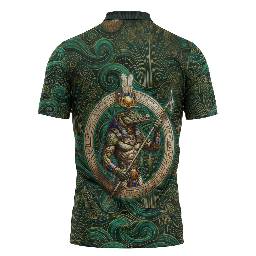 Sobek Crocodile Warrior Zipper Polo Shirt with Ankh Ancient Egyptian Motif in Emerald