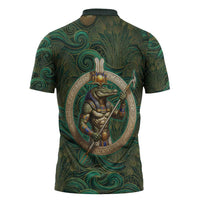 Sobek Crocodile Warrior Zipper Polo Shirt with Ankh Ancient Egyptian Motif in Emerald