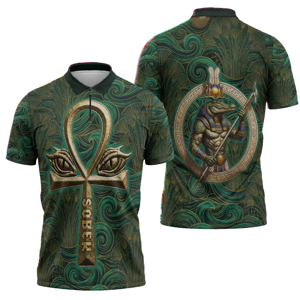 Sobek Crocodile Warrior Zipper Polo Shirt with Ankh Ancient Egyptian Motif in Emerald