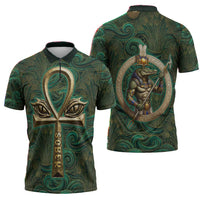 Sobek Crocodile Warrior Zipper Polo Shirt with Ankh Ancient Egyptian Motif in Emerald