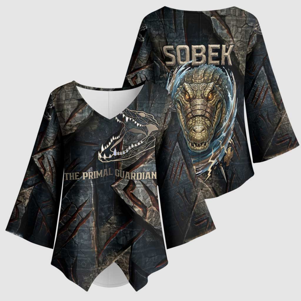 Sobek Egypt Kimono Sleeve Blouse with Crocodile Head Water Symbolism Ancient Guardian