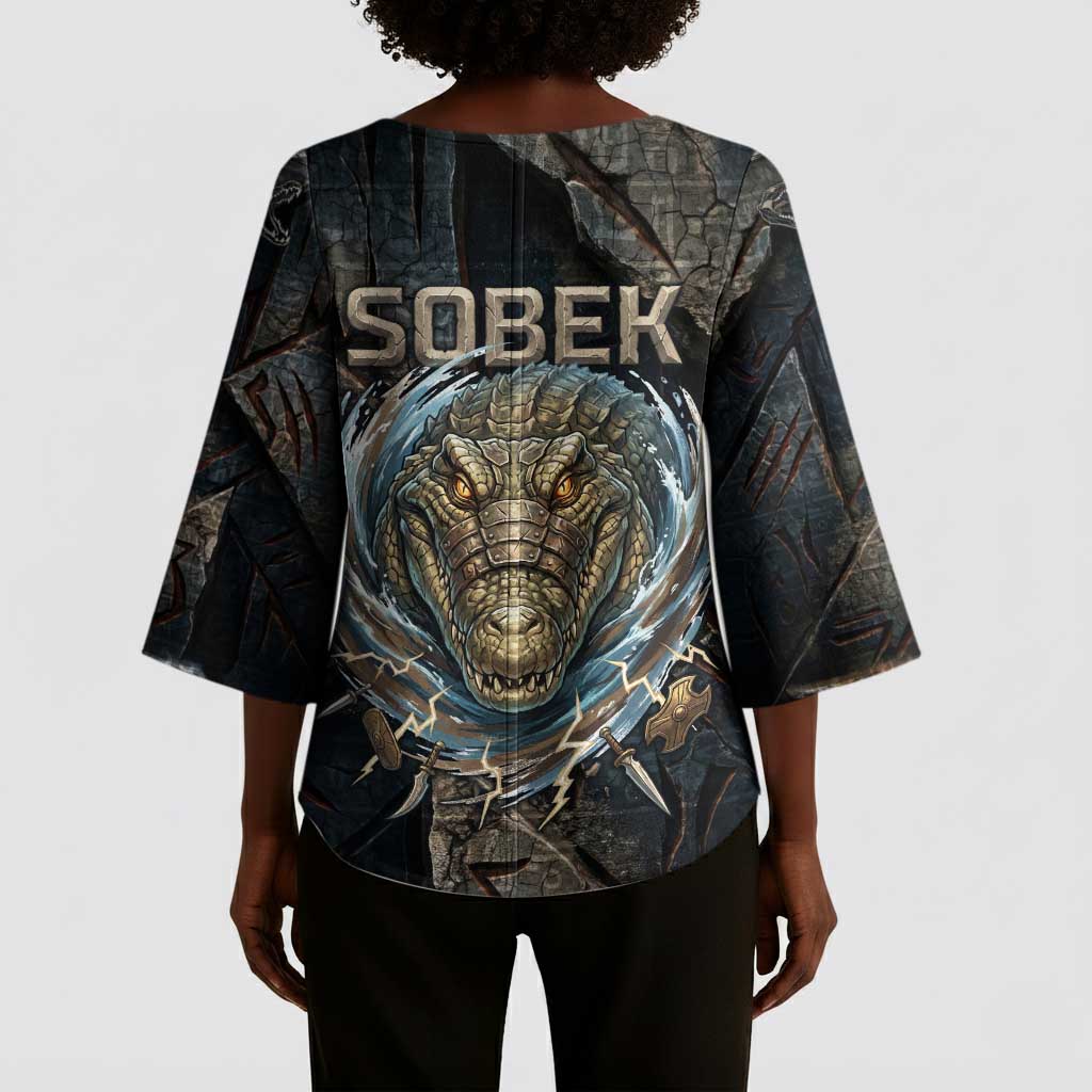 Sobek Egypt Kimono Sleeve Blouse with Crocodile Head Water Symbolism Ancient Guardian