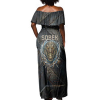Sobek Egypt Off Shoulder Maxi Dress with Crocodile Head Water Symbolism Ancient Guardian