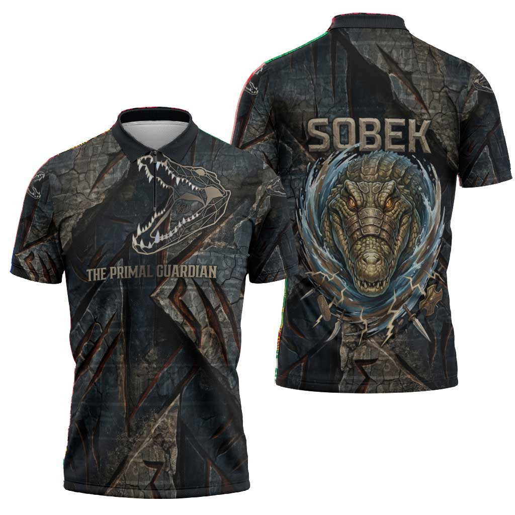 Sobek Egypt Zipper Polo Shirt with Crocodile Head Water Symbolism Ancient Guardian