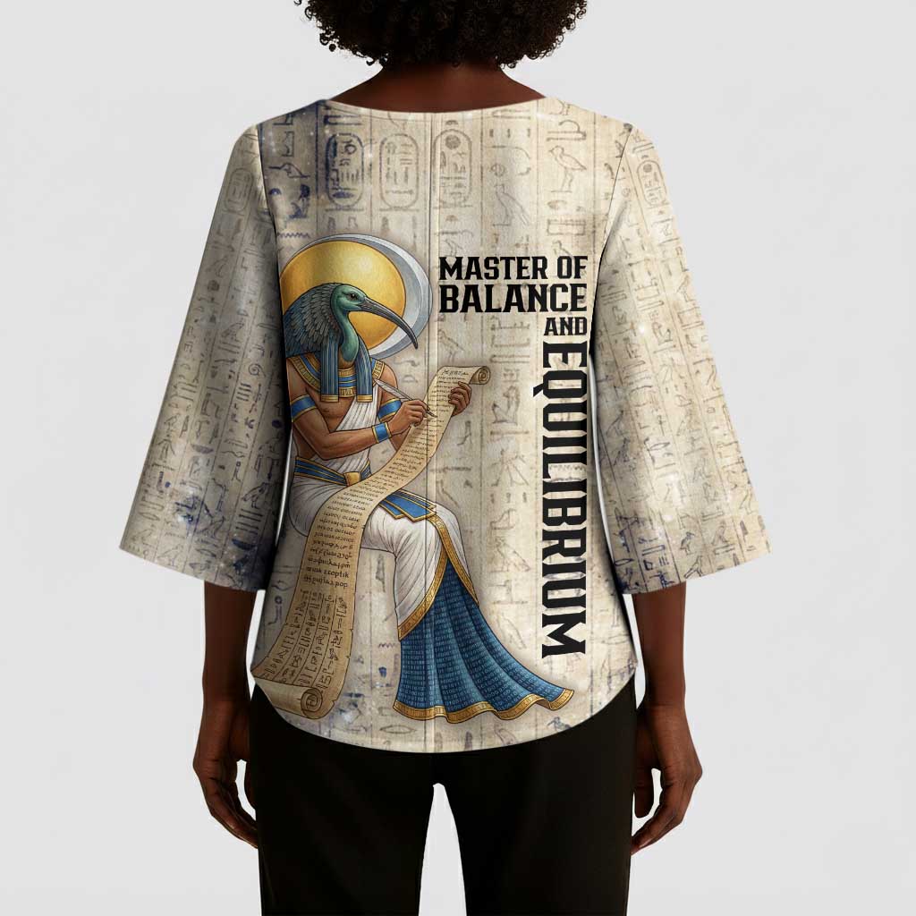 Thoth Kimono Sleeve Blouse Ibis Head and Ancient Scroll Egyptian Wisdom