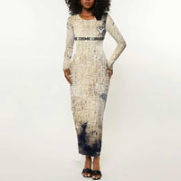 Thoth Long Sleeve Bodycon Dress Ibis Head and Ancient Scroll Egyptian Wisdom
