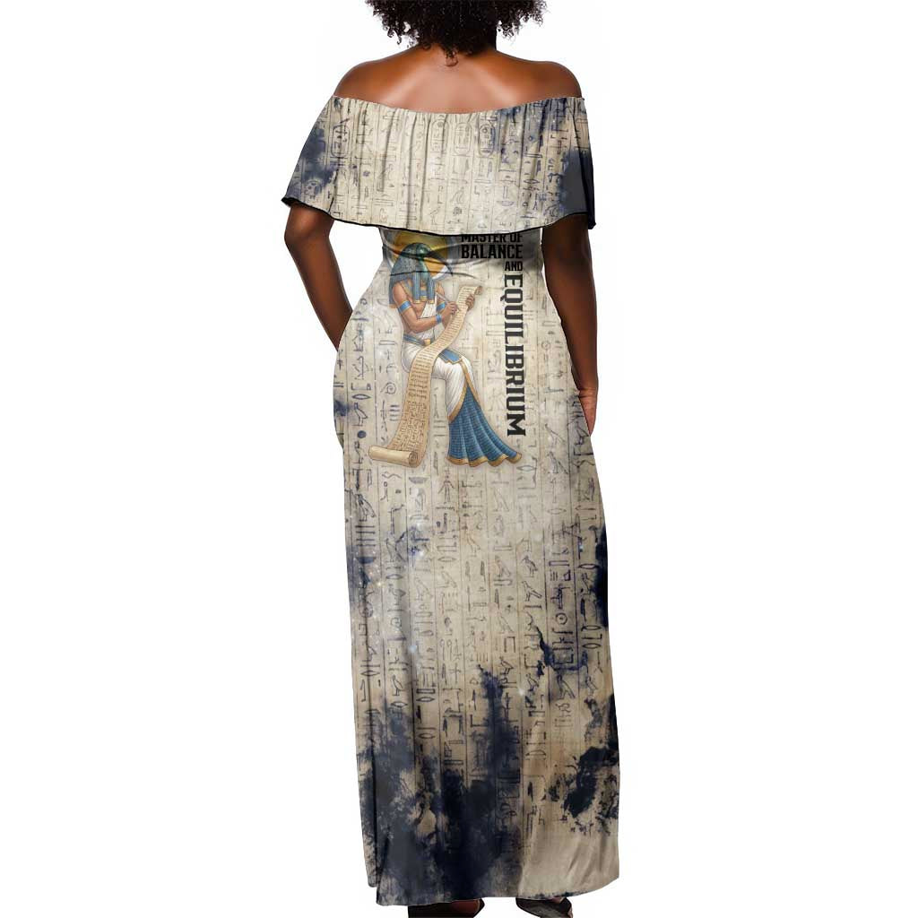 Thoth Off Shoulder Maxi Dress Ibis Head and Ancient Scroll Egyptian Wisdom