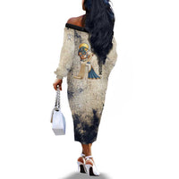 Thoth Off The Shoulder Long Sleeve Dress Ibis Head and Ancient Scroll Egyptian Wisdom