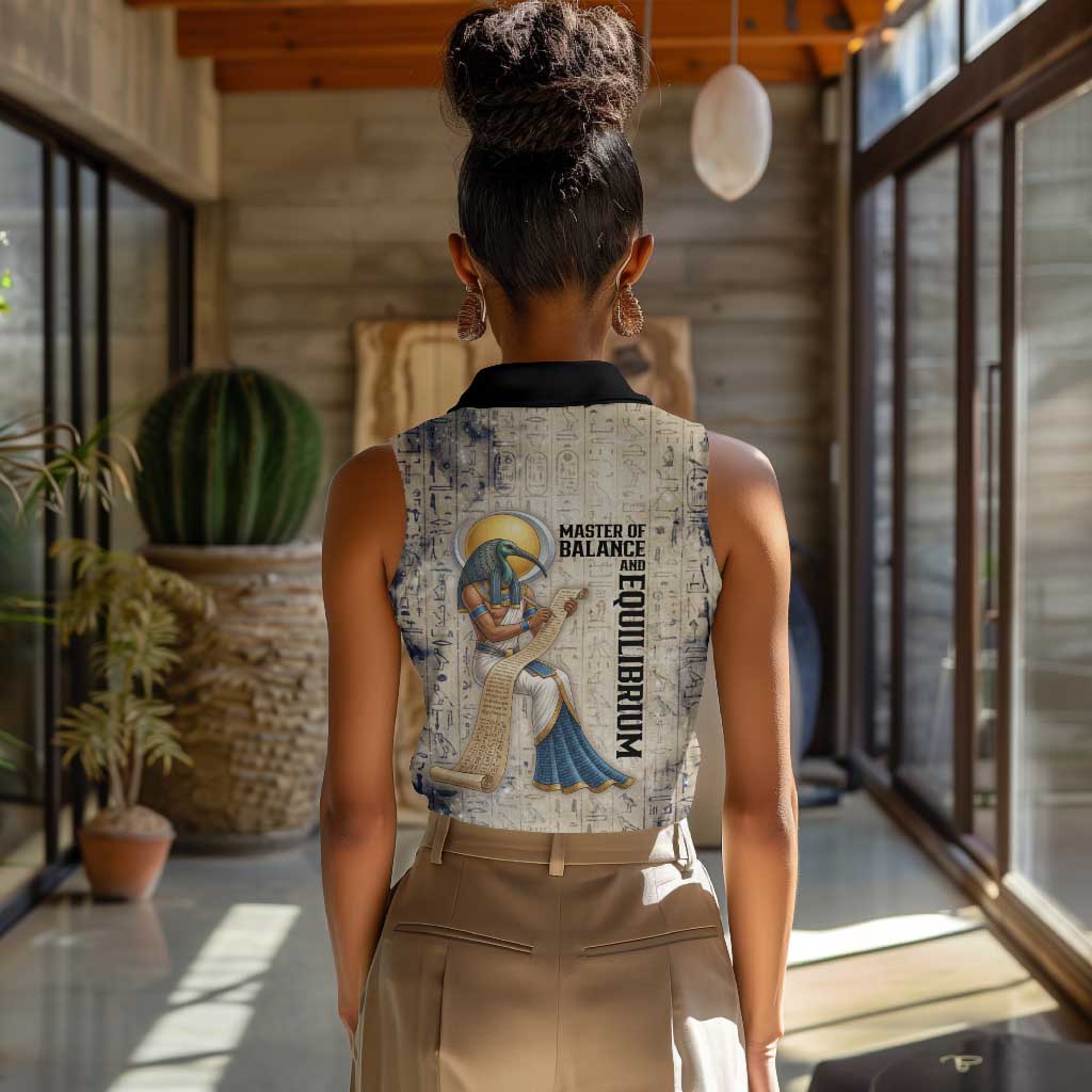 Thoth Women Sleeveless Polo Shirt Ibis Head and Ancient Scroll Egyptian Wisdom