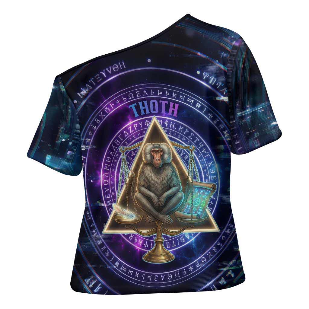 Thoth Ancient Egyptian Cosmic Cross Shoulder Shirt with Sacred Eye and Baboon Symbol Theme