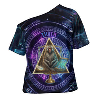 Thoth Ancient Egyptian Cosmic Cross Shoulder Shirt with Sacred Eye and Baboon Symbol Theme