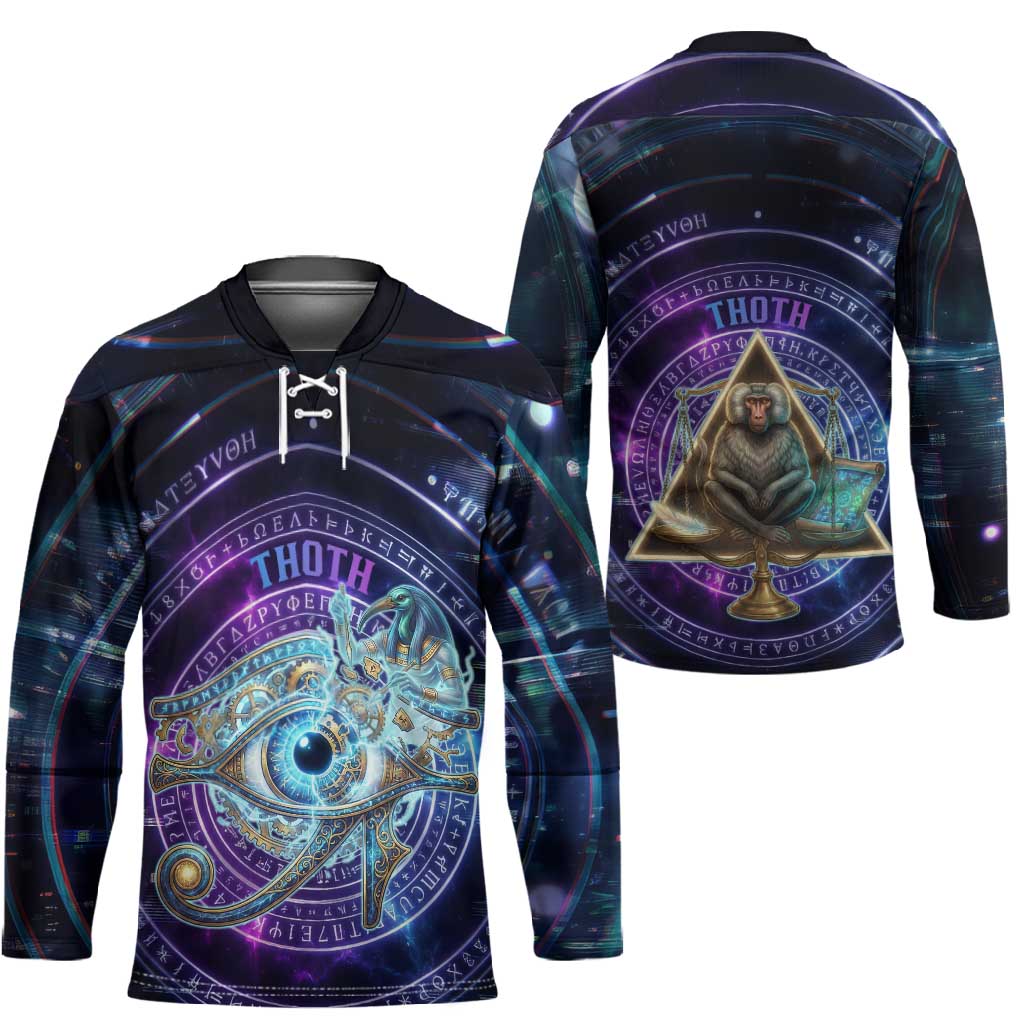 Thoth Ancient Egyptian Cosmic Hockey Jersey with Sacred Eye and Baboon Symbol Theme