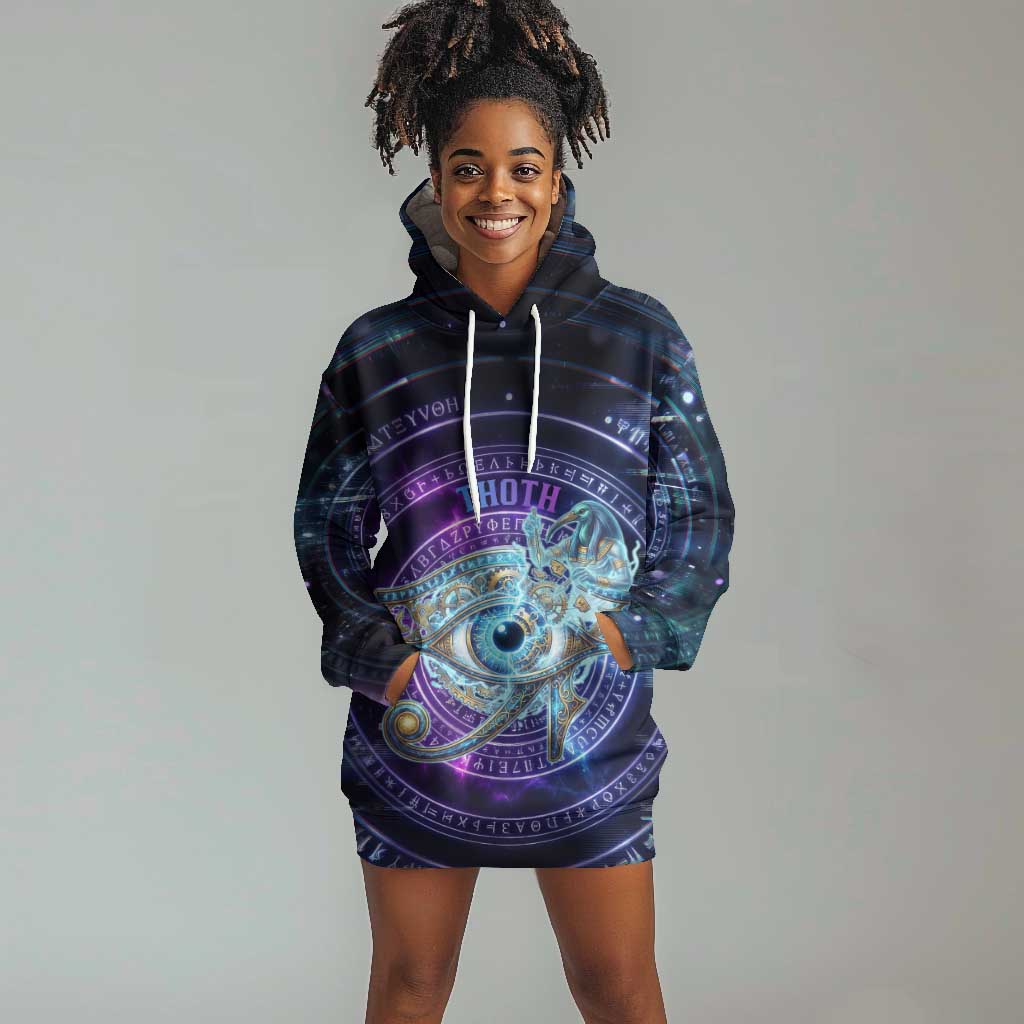 Thoth Ancient Egyptian Cosmic Hoodie Dress with Sacred Eye and Baboon Symbol Theme
