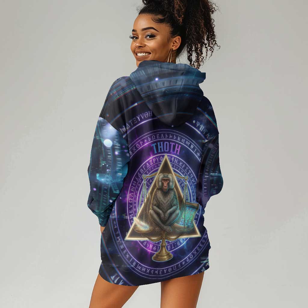 Thoth Ancient Egyptian Cosmic Hoodie Dress with Sacred Eye and Baboon Symbol Theme