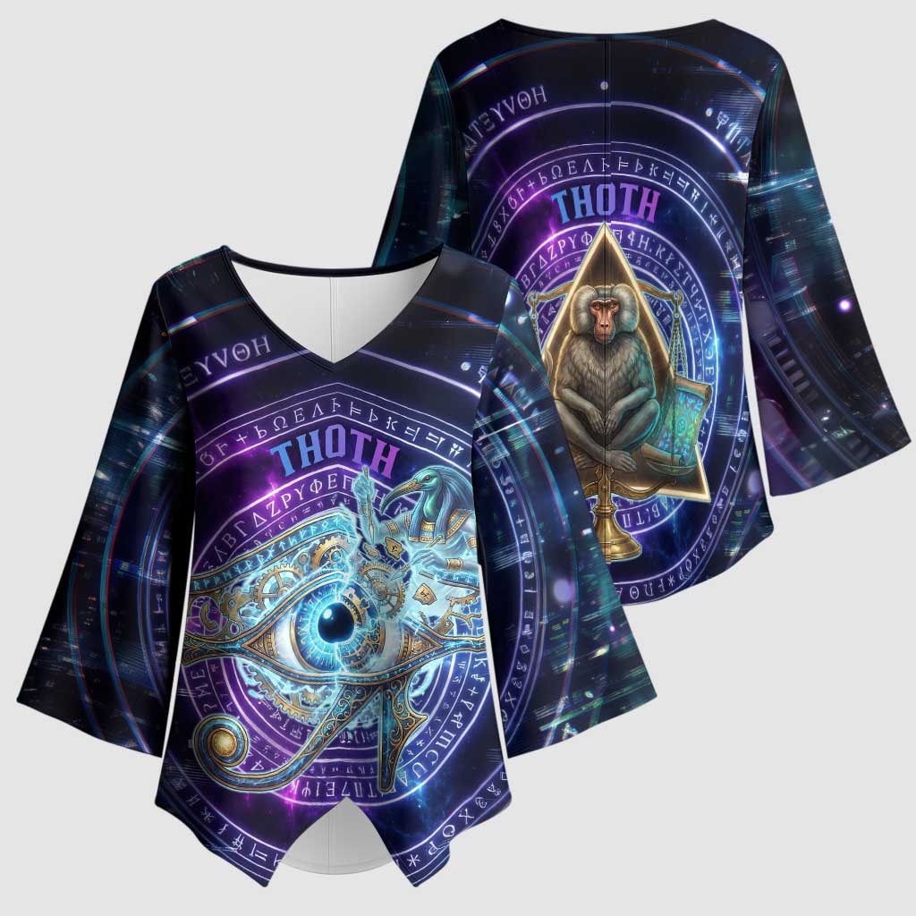 Thoth Ancient Egyptian Cosmic Kimono Sleeve Blouse with Sacred Eye and Baboon Symbol Theme