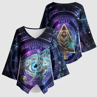 Thoth Ancient Egyptian Cosmic Kimono Sleeve Blouse with Sacred Eye and Baboon Symbol Theme