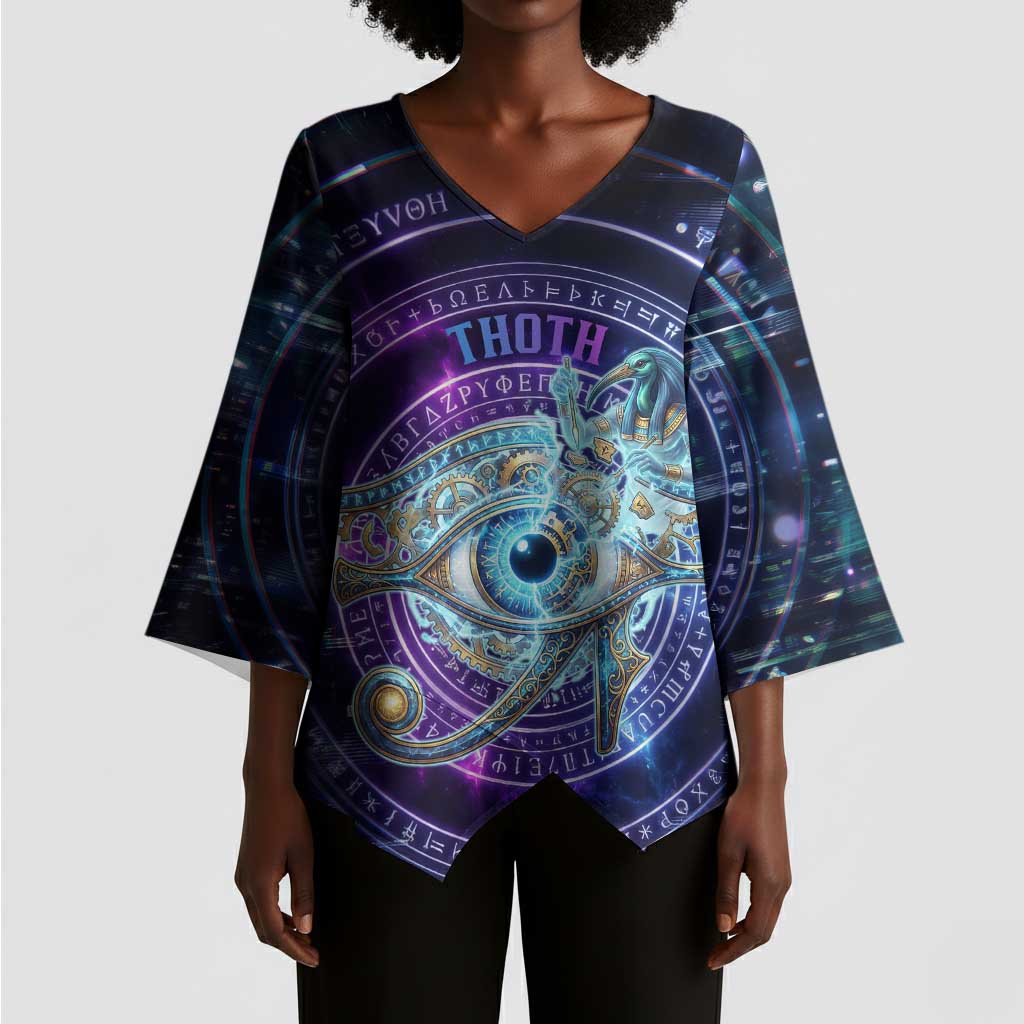 Thoth Ancient Egyptian Cosmic Kimono Sleeve Blouse with Sacred Eye and Baboon Symbol Theme