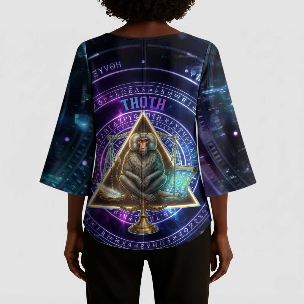 Thoth Ancient Egyptian Cosmic Kimono Sleeve Blouse with Sacred Eye and Baboon Symbol Theme