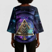 Thoth Ancient Egyptian Cosmic Kimono Sleeve Blouse with Sacred Eye and Baboon Symbol Theme