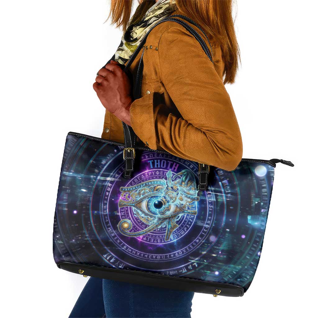 Thoth Ancient Egyptian Cosmic Leather Tote Bag with Sacred Eye and Baboon Symbol Theme