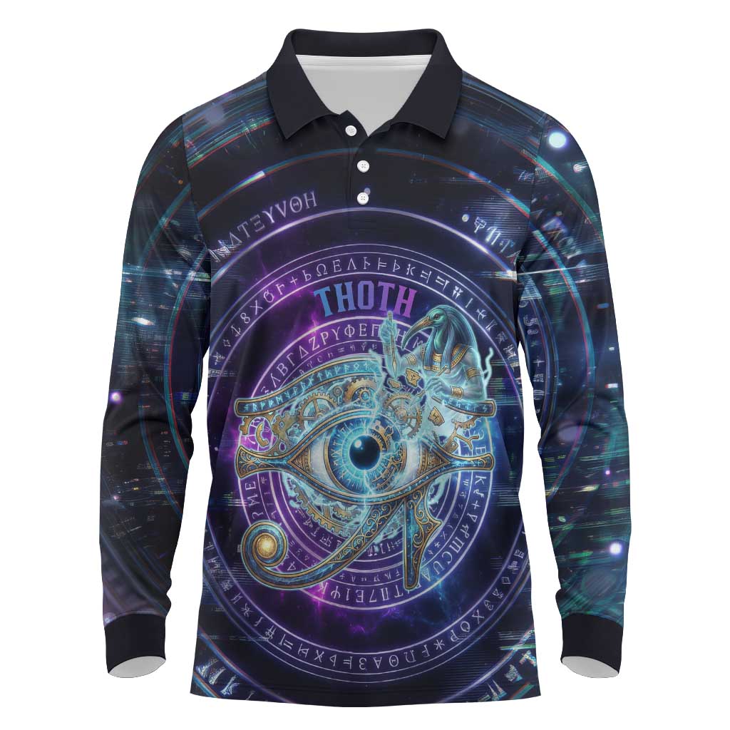 Thoth Ancient Egyptian Cosmic Long Sleeve Polo Shirt with Sacred Eye and Baboon Symbol Theme